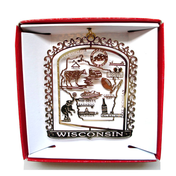 Wisconsin State Ornament Brass - Icons Madison Green Bay Milwaukee Beer Cheese - Picture 1 of 7